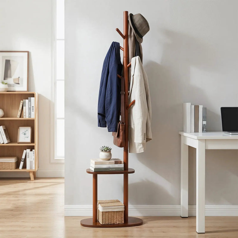 Coat Rack with 8 Hooks and 2 Shelves - Walnut Rubber Wood by DirectDeals