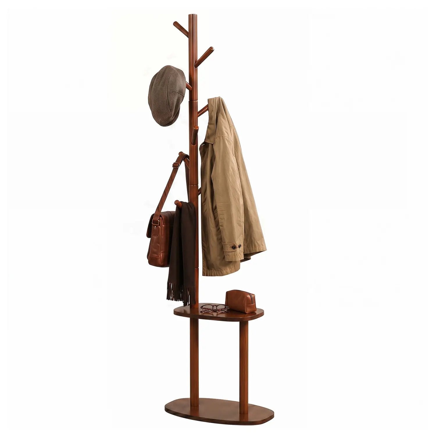 Coat Rack with 8 Hooks and 2 Shelves - Walnut Rubber Wood by DirectDeals