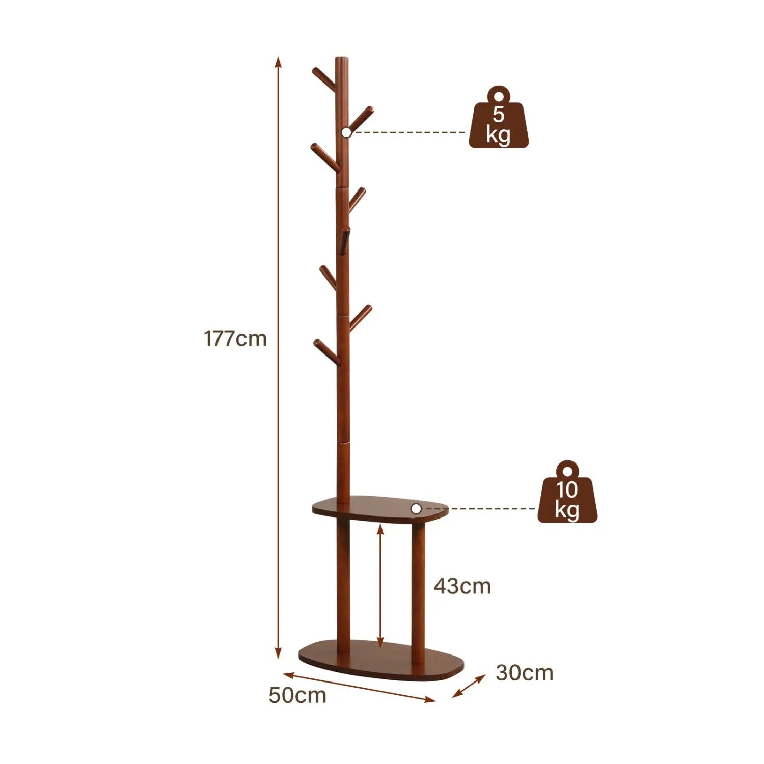 Coat Rack with 8 Hooks and 2 Shelves - Walnut Rubber Wood by DirectDeals