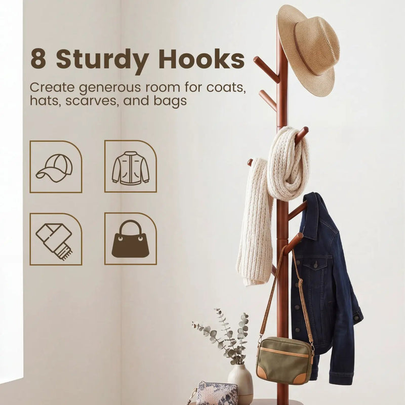 Coat Rack with 8 Hooks and 2 Shelves - Walnut Rubber Wood by DirectDeals