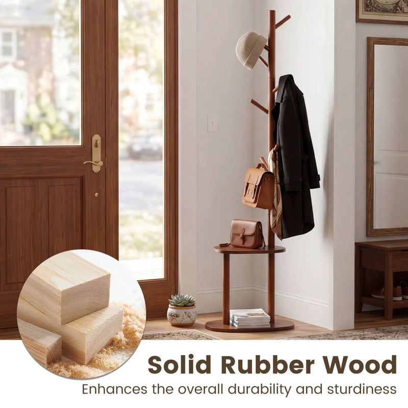 Coat Rack with 8 Hooks and 2 Shelves - Walnut Rubber Wood by DirectDeals