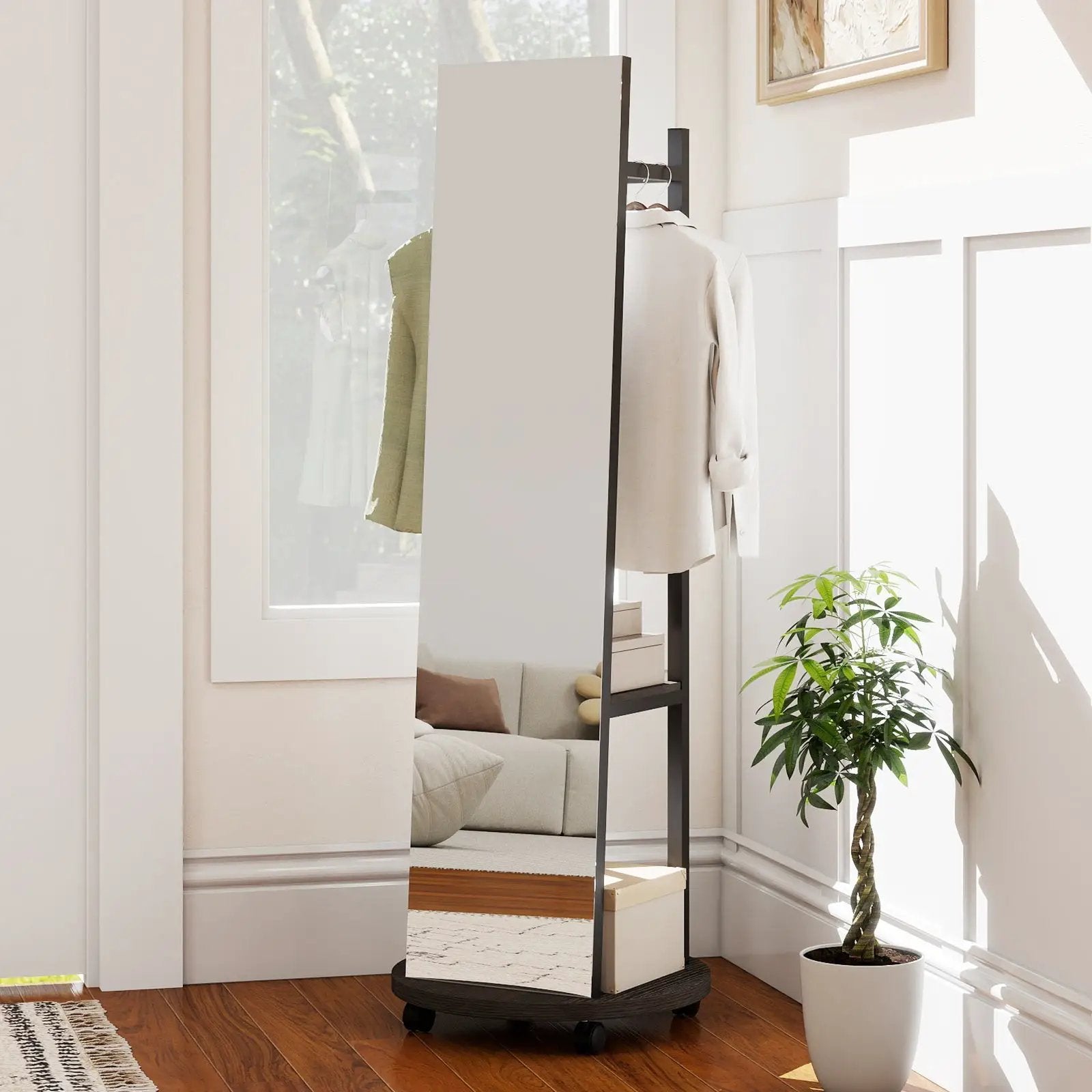 Coat Rack with Full Length Mirror Freestanding Coat Tree with 3 Hooks by DirectDeals