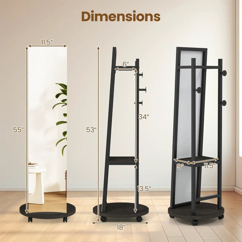 Coat Rack with Full Length Mirror Freestanding Coat Tree with 3 Hooks by DirectDeals