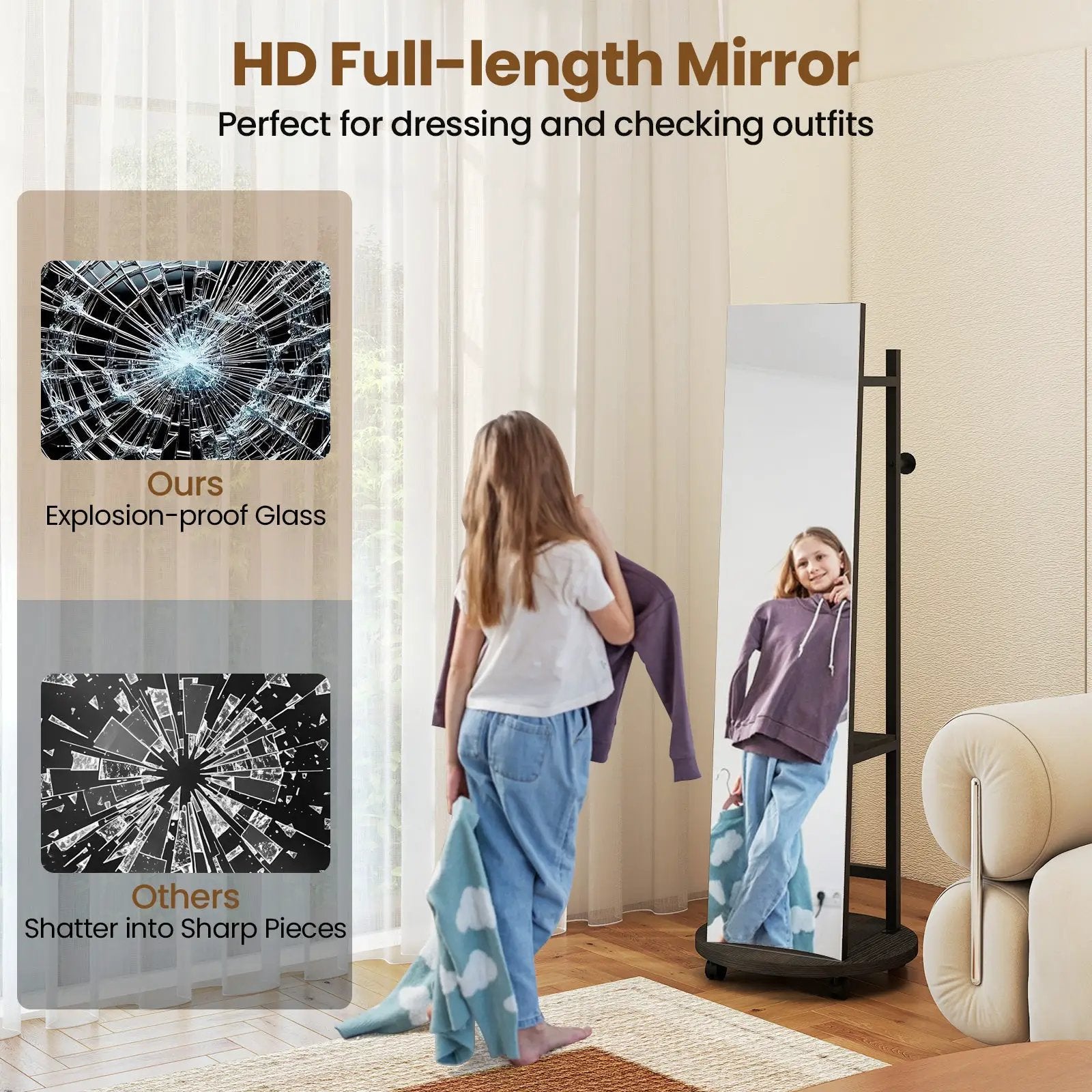Coat Rack with Full Length Mirror Freestanding Coat Tree with 3 Hooks by DirectDeals