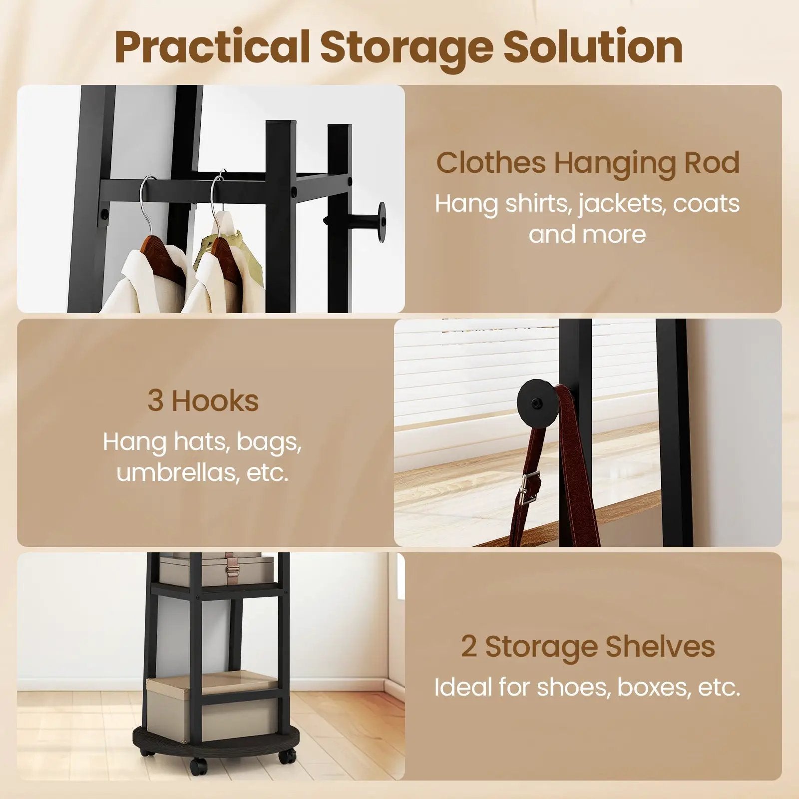 Coat Rack with Full Length Mirror Freestanding Coat Tree with 3 Hooks by DirectDeals