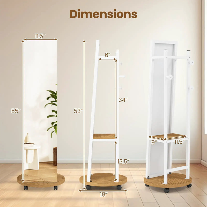 Coat Rack with Full Length Mirror Freestanding Coat Tree with 3 Hooks by DirectDeals