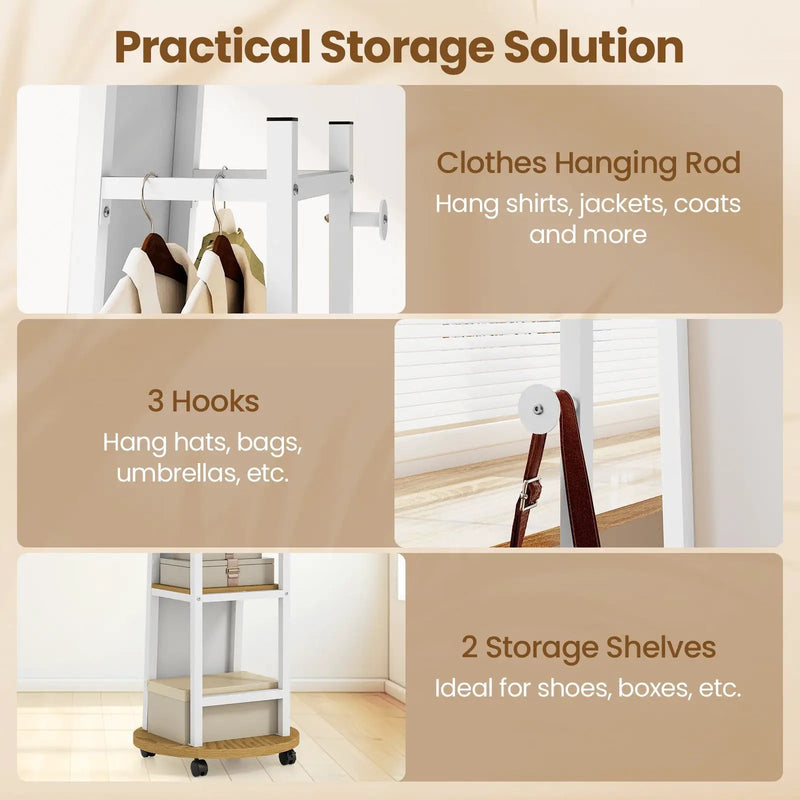Coat Rack with Full Length Mirror Freestanding Coat Tree with 3 Hooks by DirectDeals