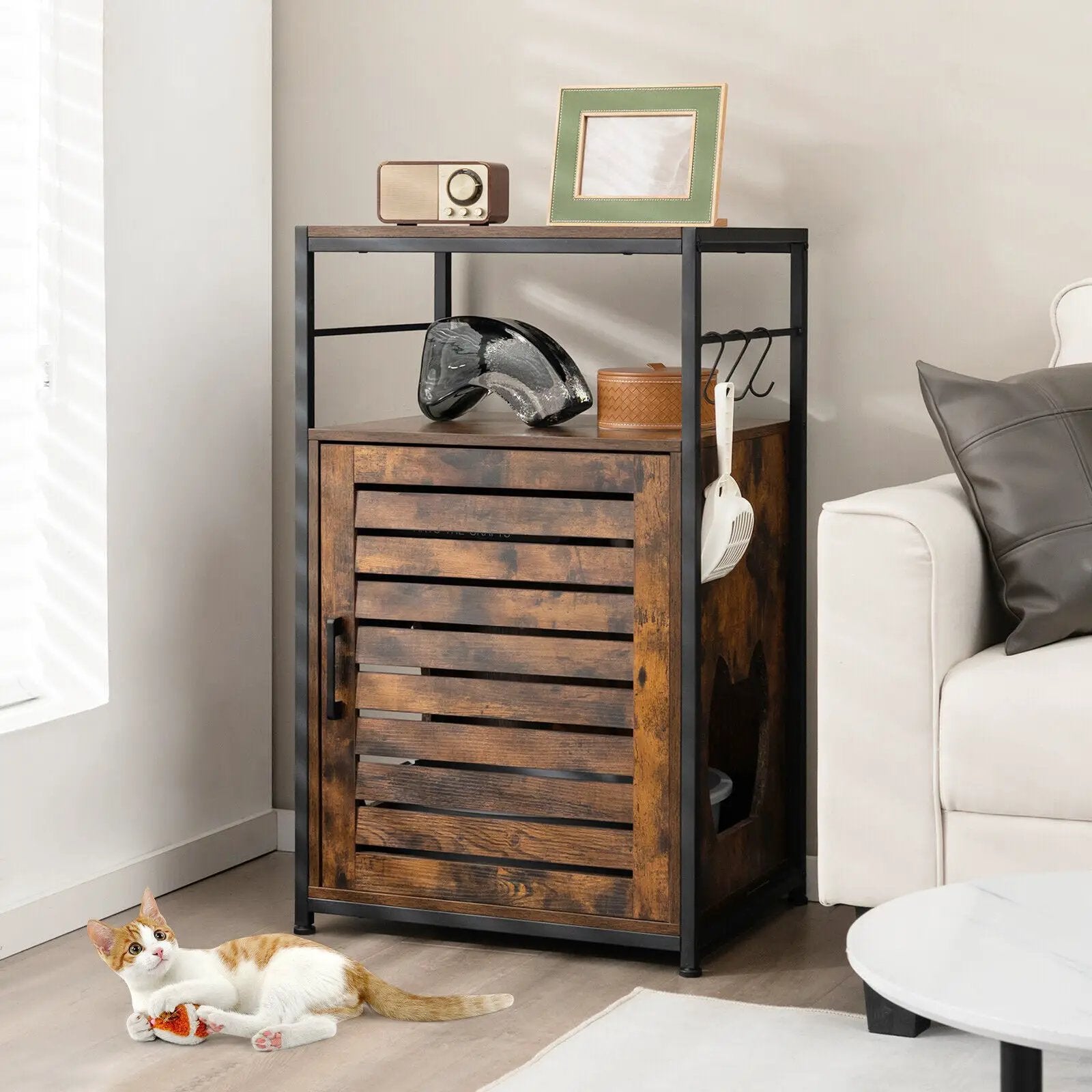 Cat Litter Box Enclosure with Louvered Door and 3-Tier Shelf by DirectDeals