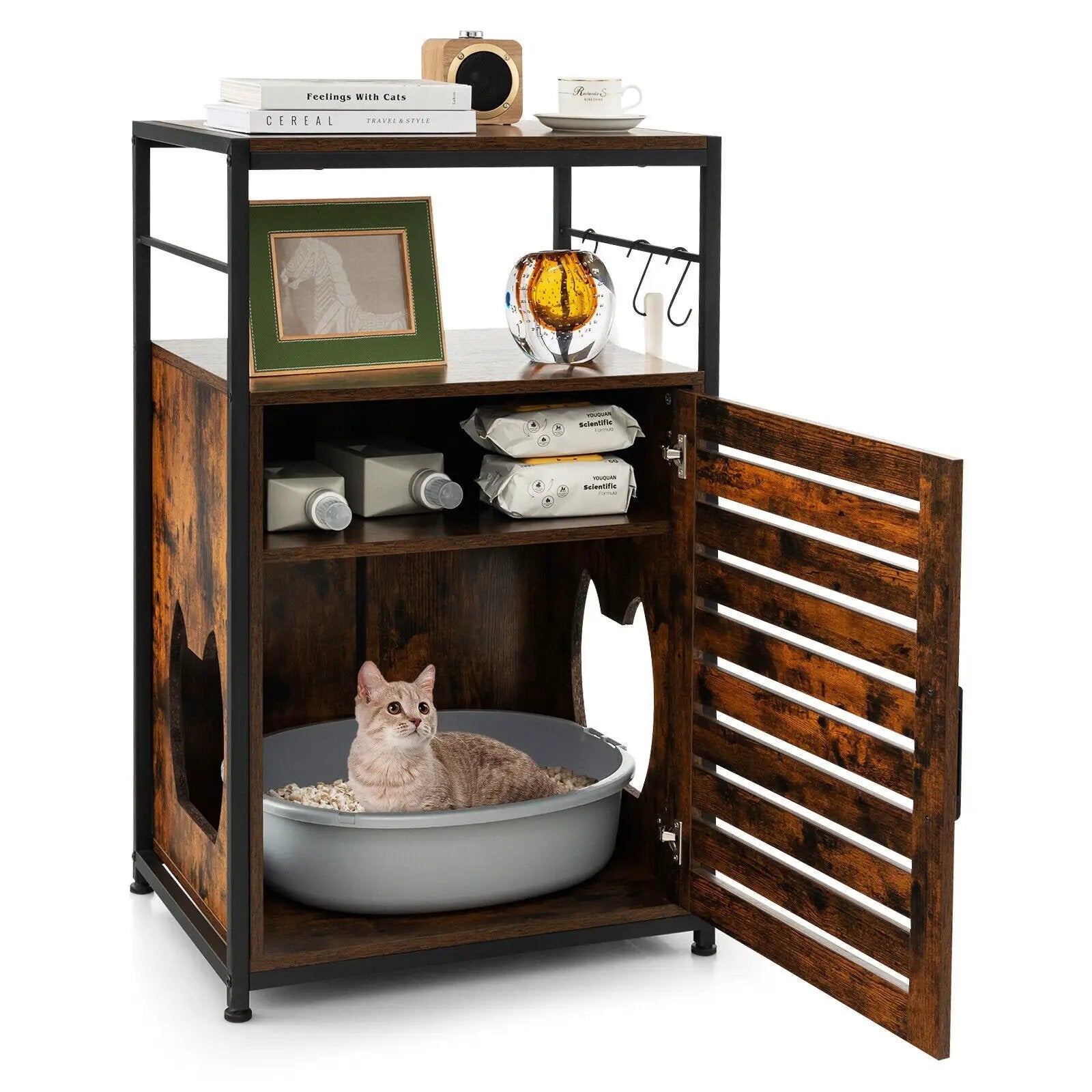Cat Litter Box Enclosure with Louvered Door and 3-Tier Shelf by DirectDeals