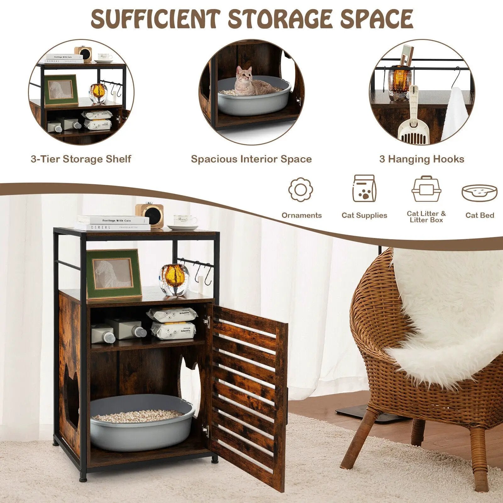 Cat Litter Box Enclosure with Louvered Door and 3-Tier Shelf by DirectDeals