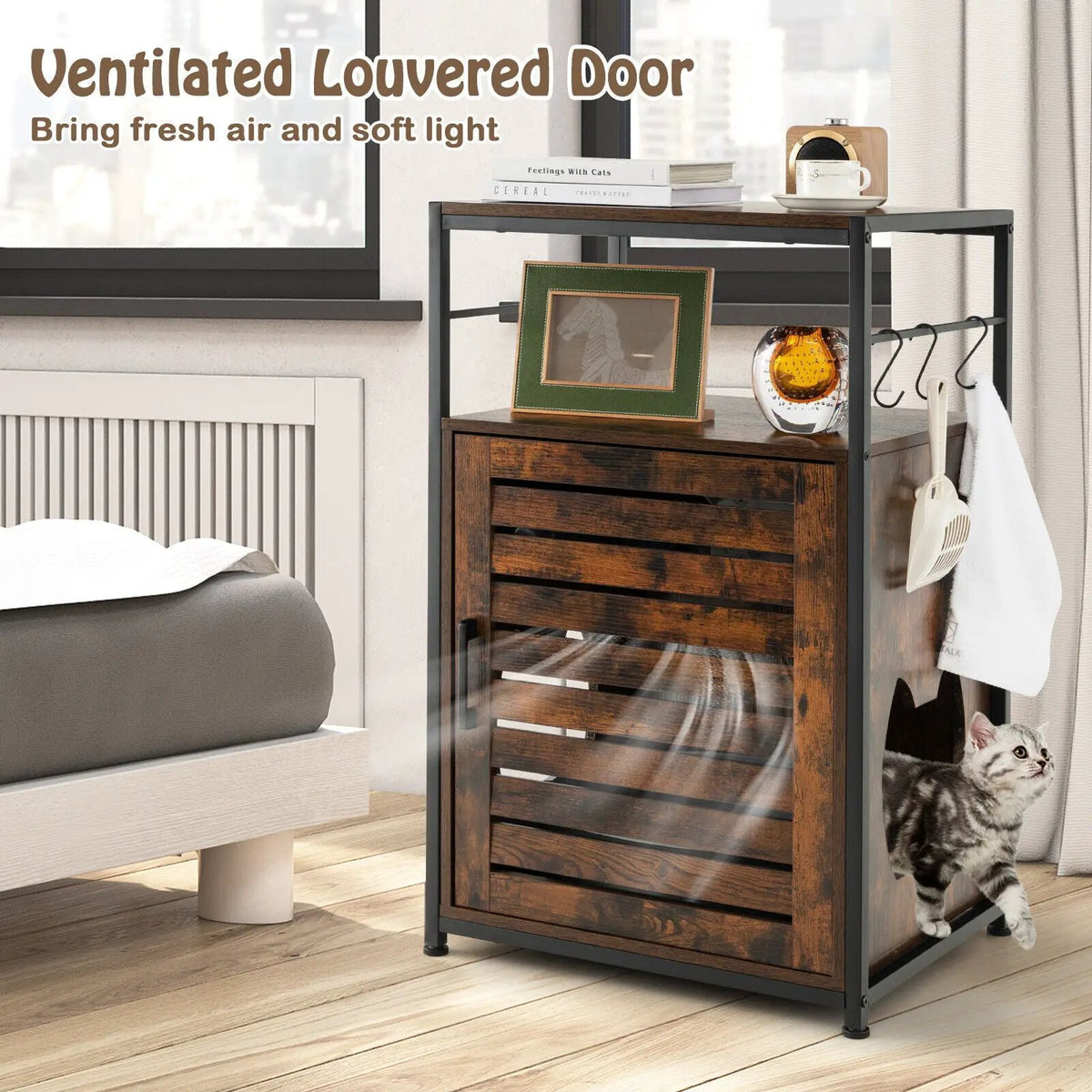 Cat Litter Box Enclosure with Louvered Door and 3-Tier Shelf, photo 13 of 16