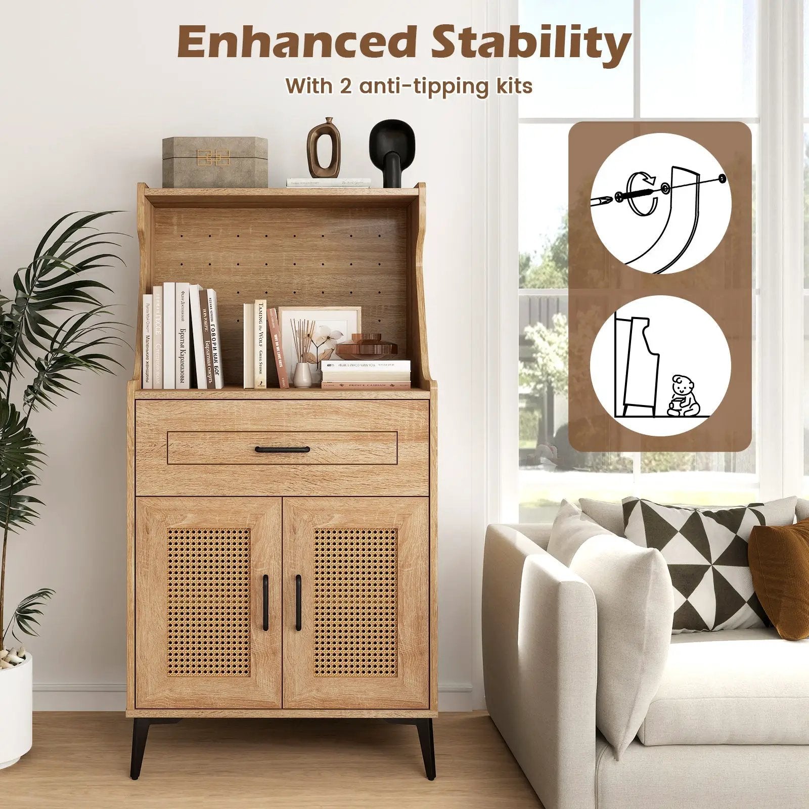 Coffee Bar Cabinet with Pegboard Storage Drawer and Adjustable Shelf-Oak by DirectDeals