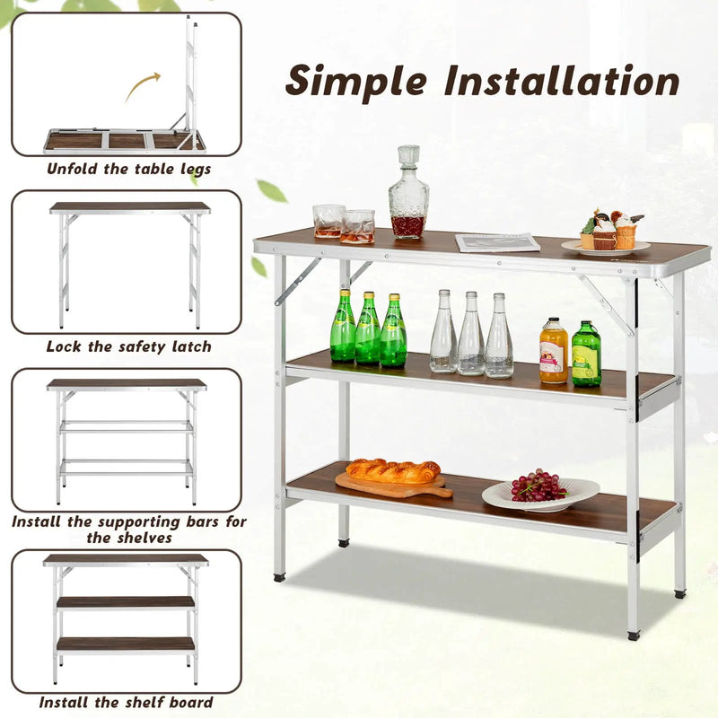 Folding Camping Table with 2-Tier Open Shelves for Outdoor BBQ by DirectDeals