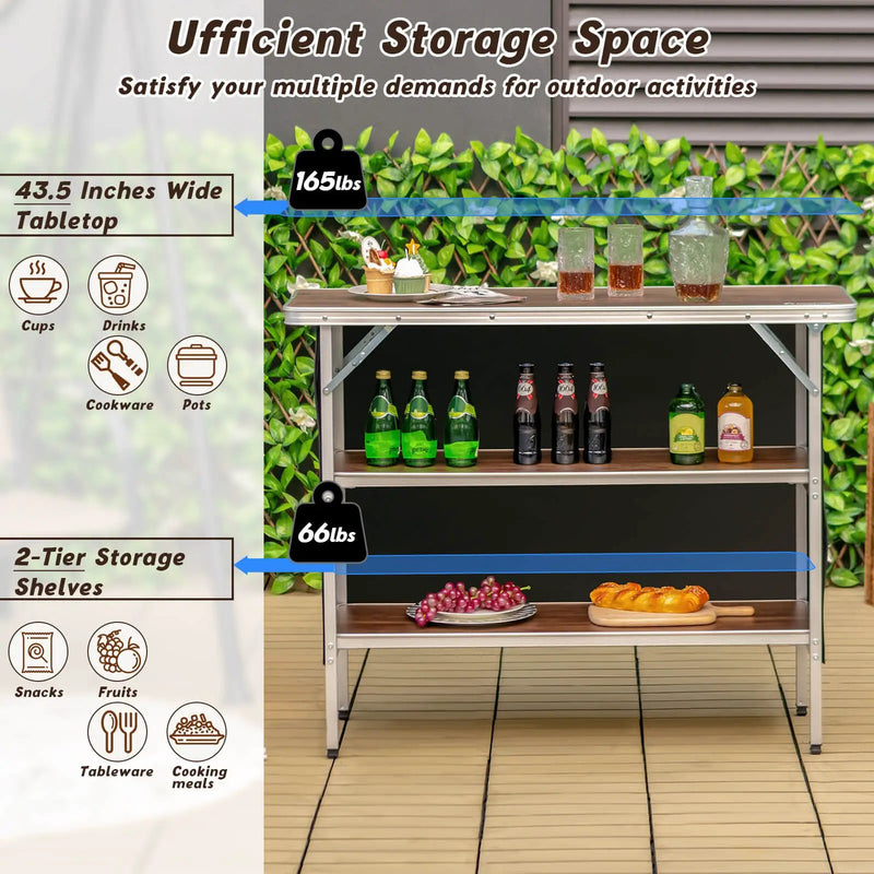 Folding Camping Table with 2-Tier Open Shelves for Outdoor BBQ by DirectDeals