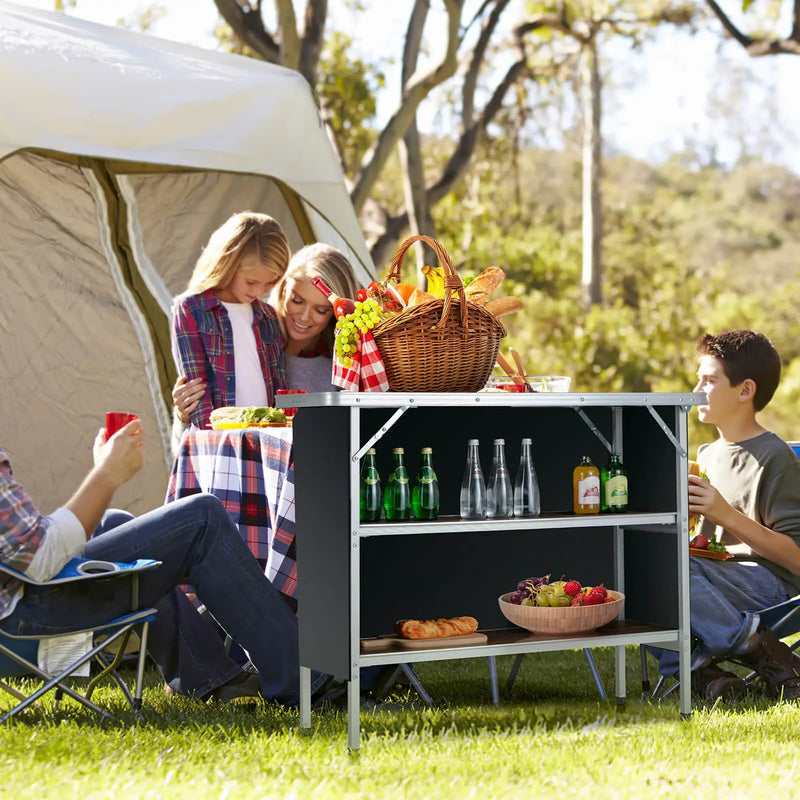 Folding Camping Table with 2-Tier Open Shelves for Outdoor BBQ by DirectDeals