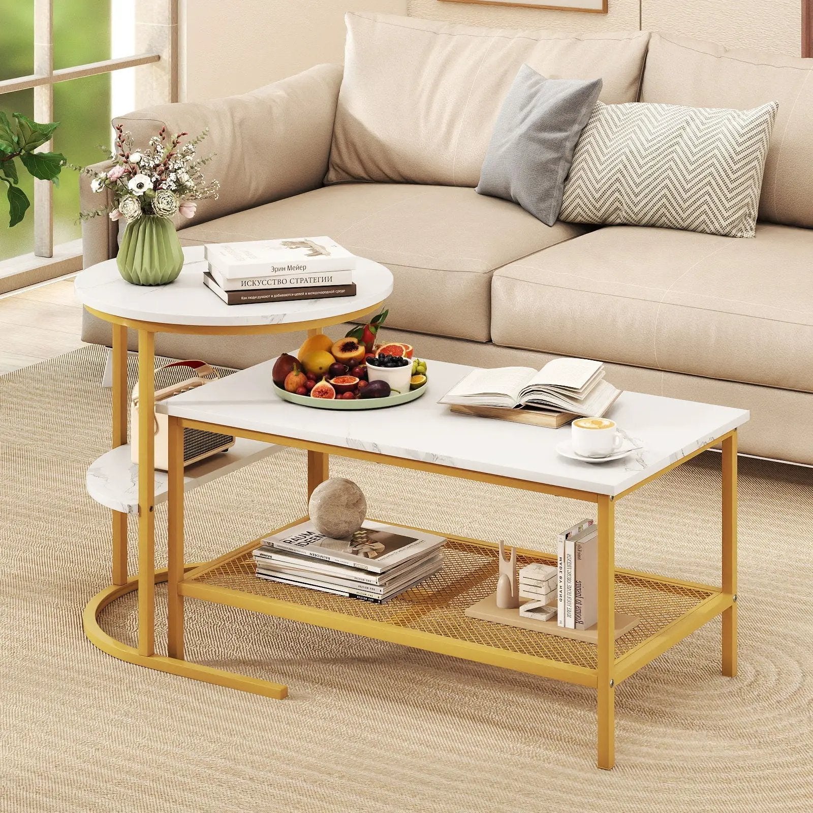 Coffee Table 2-Tier Rectangle Coffee Table and Side End Table with Storage Shelves by DirectDeals