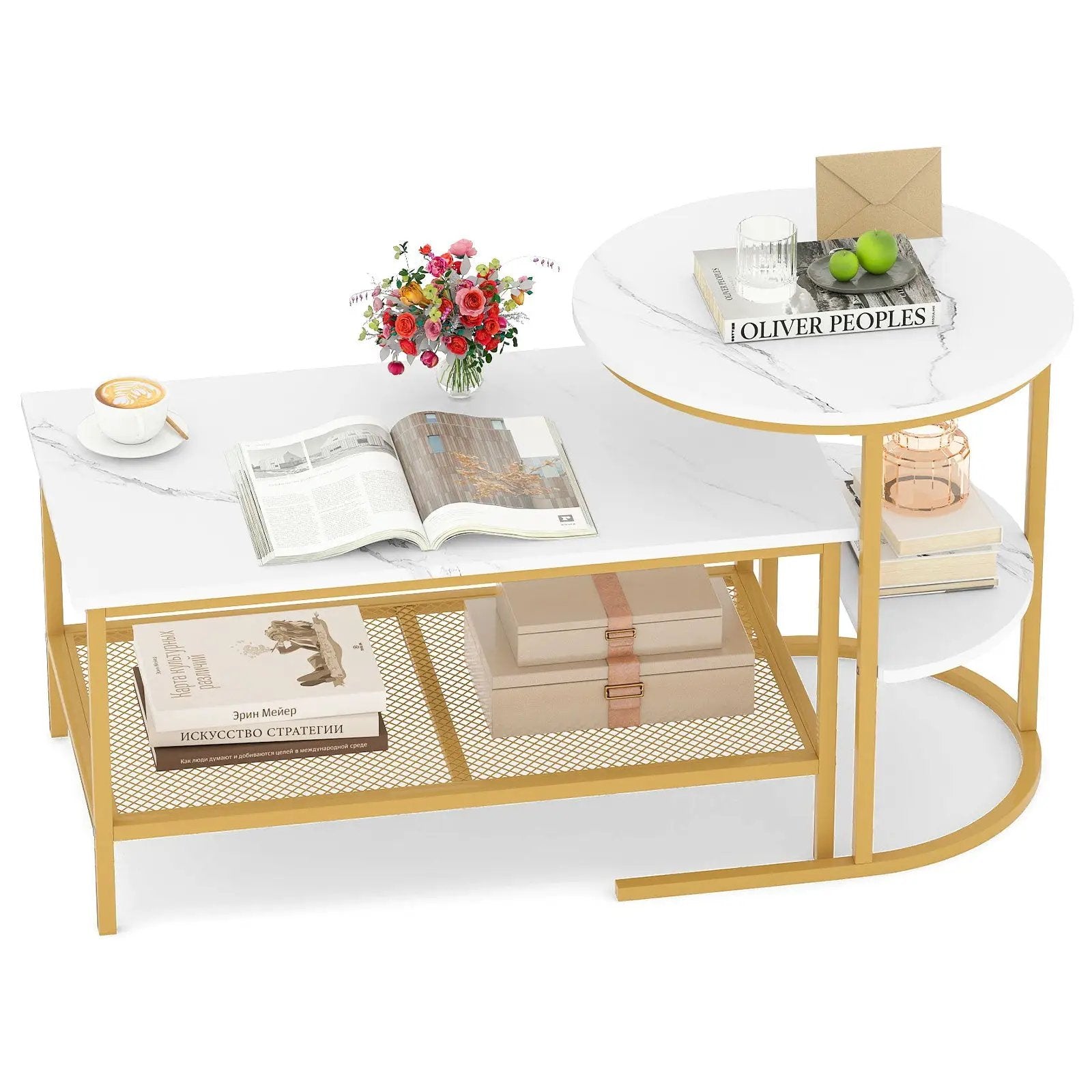 Coffee Table 2-Tier Rectangle Coffee Table and Side End Table with Storage Shelves by DirectDeals