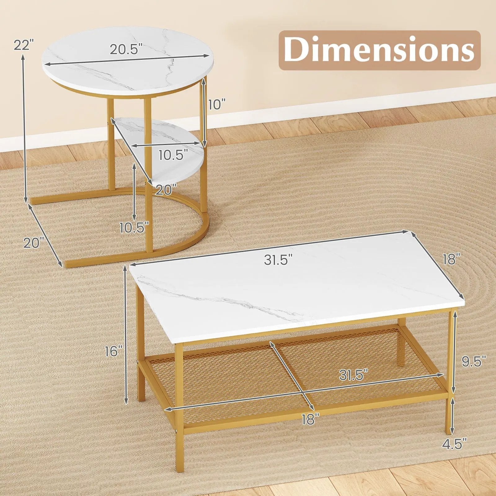 Coffee Table 2-Tier Rectangle Coffee Table and Side End Table with Storage Shelves by DirectDeals