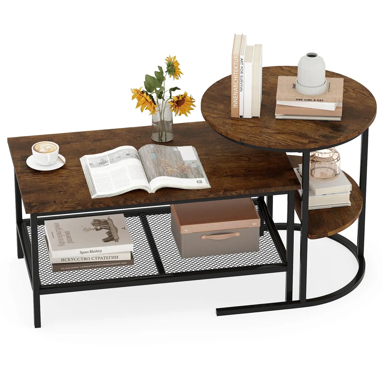 Coffee Table 2-Tier Rectangle Coffee Table and Side End Table with Storage Shelves by DirectDeals