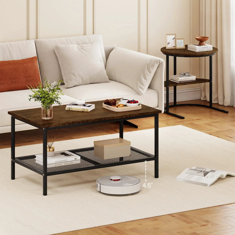 Coffee Table 2-Tier Rectangle Coffee Table and Side End Table with Storage Shelves by DirectDeals