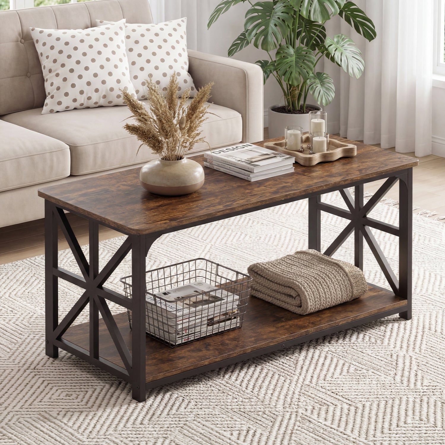Coffee Table 2-Tier Center Table with Storage Shelf by DirectDeals