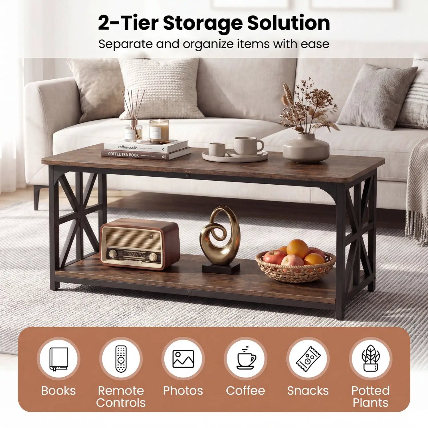 Coffee Table 2-Tier Center Table with Storage Shelf by DirectDeals