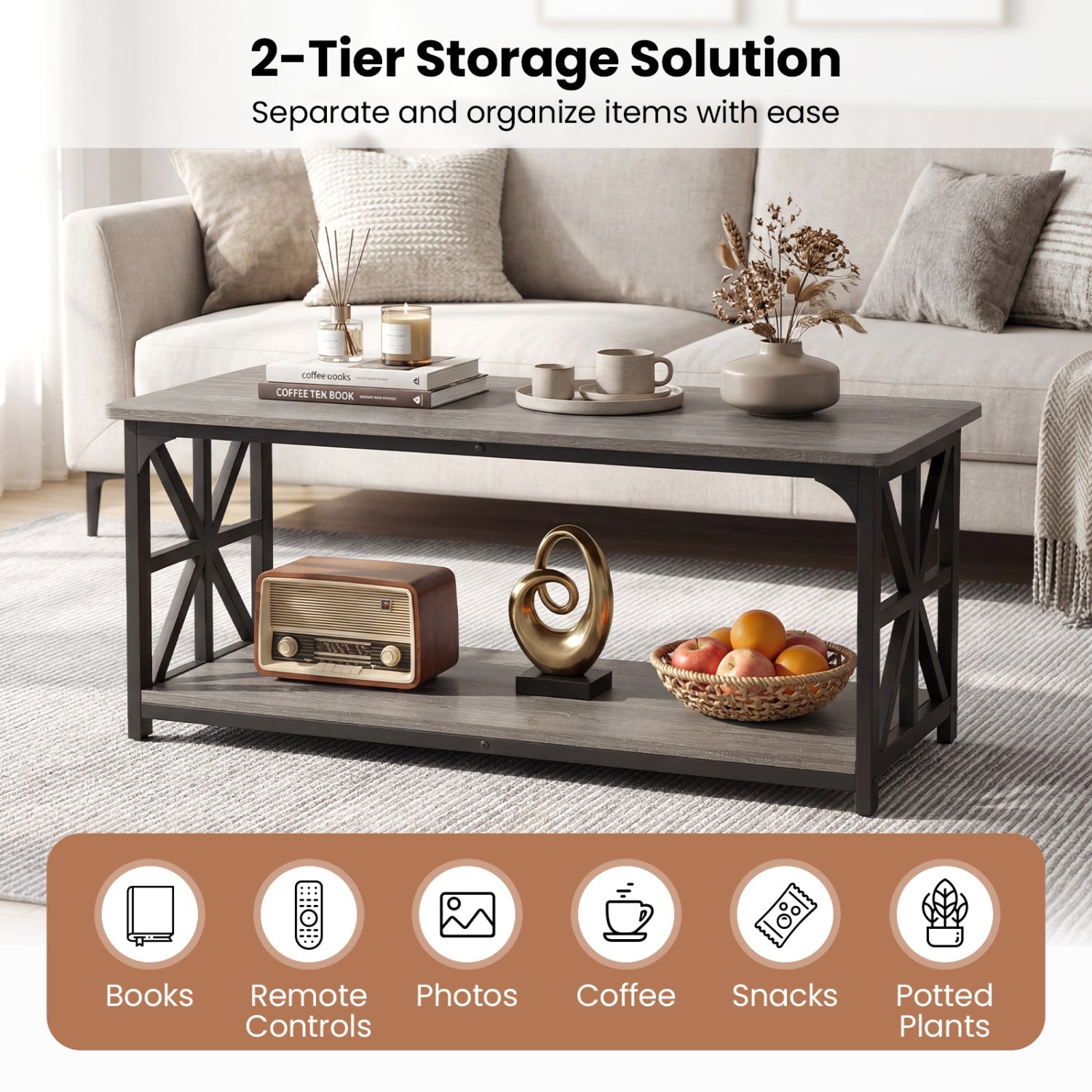 Coffee Table 2-Tier Center Table with Storage Shelf by DirectDeals