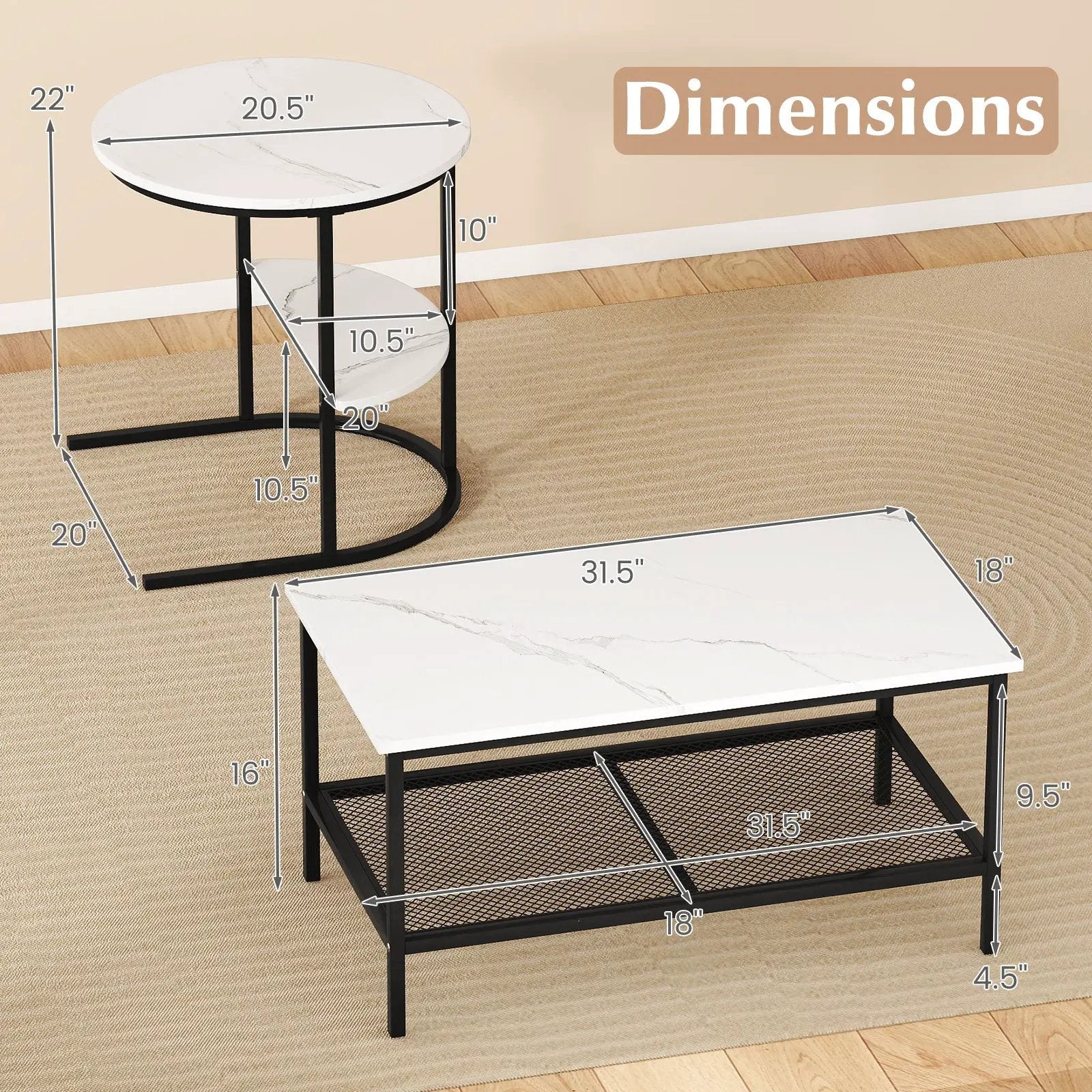 Coffee Table 2-Tier Rectangle Coffee Table and Side End Table with Storage Shelves by DirectDeals