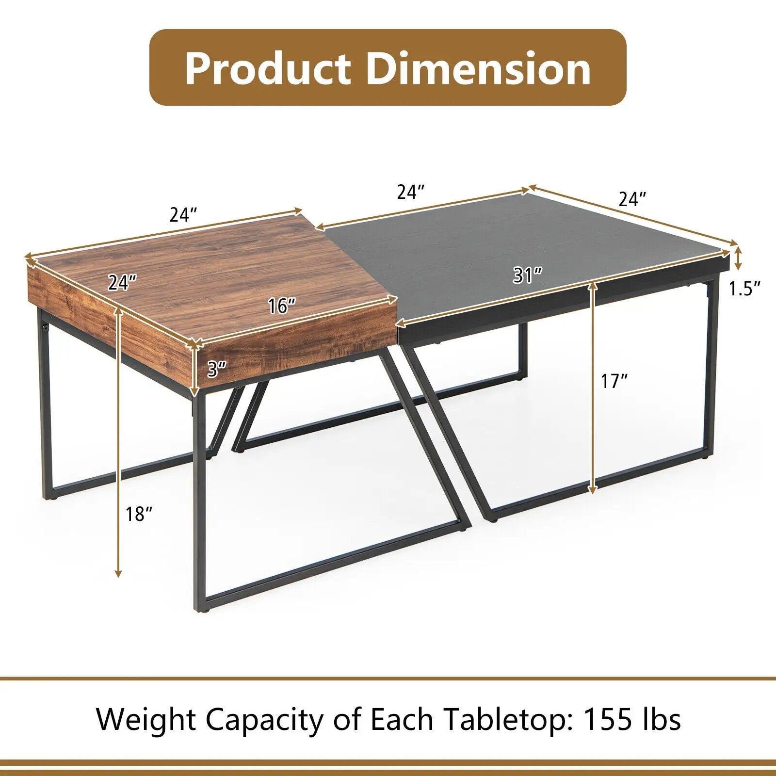 Coffee Table Set of 2 with Powder Coated Metal Legs-Black by DirectDeals