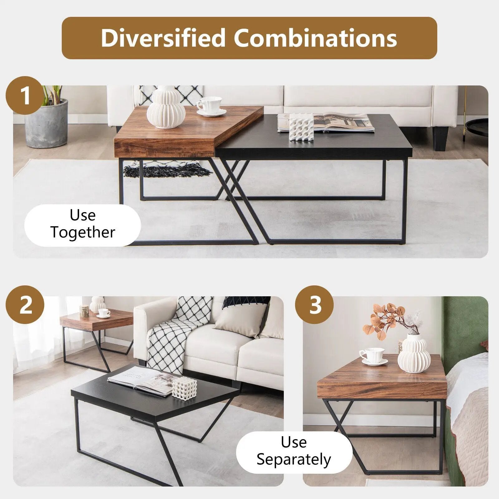 Coffee Table Set of 2 with Powder Coated Metal Legs-Black by DirectDeals