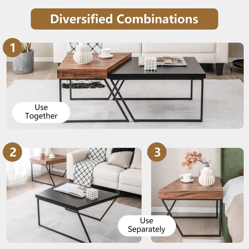 Coffee Table Set of 2 with Powder Coated Metal Legs-Black by DirectDeals
