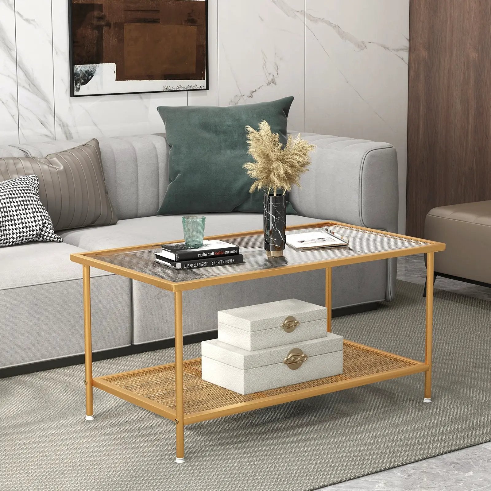 2-Tier Coffee Table with Shelf Center Tea Table with Tempered Glass Top-Golden by DirectDeals