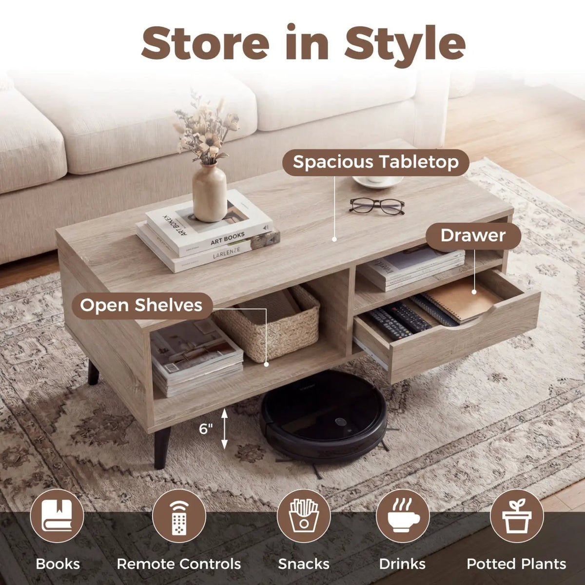Coffee Table with Storage Rustic Rectangle Center Table, photo 2 of 16