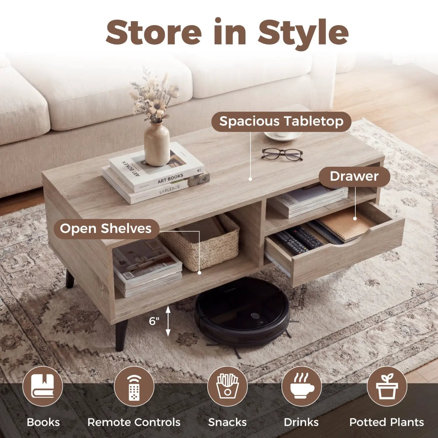 Coffee Table with Storage Rustic Rectangle Center Table by DirectDeals