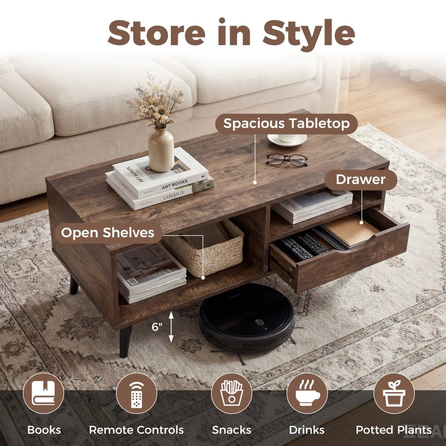 Coffee Table with Storage Rustic Rectangle Center Table by DirectDeals