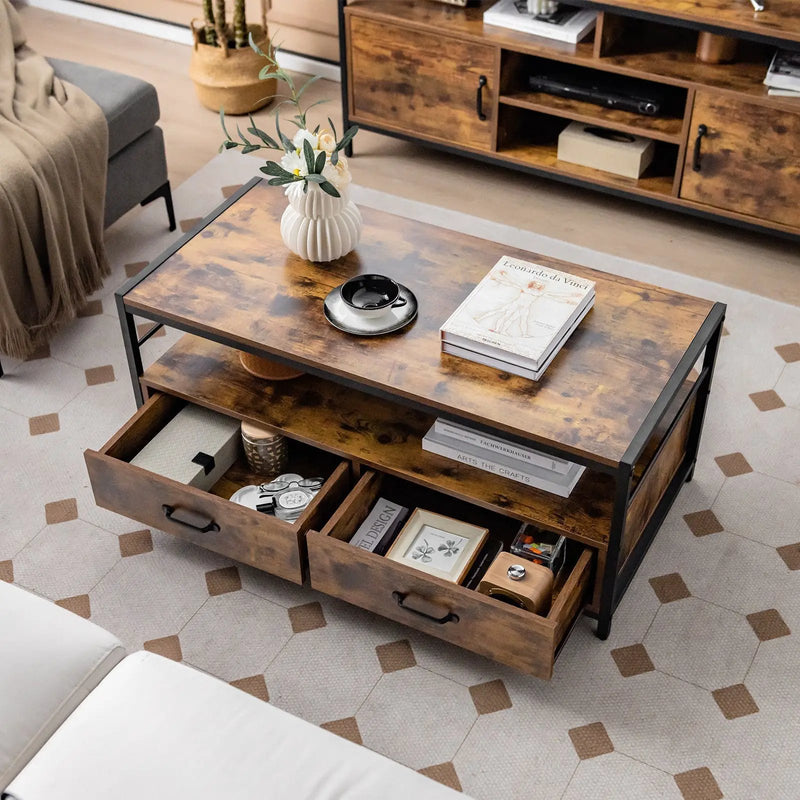 Coffee Table with 2 Drawers and Open Shelf for Living Room-Rustic Brown by DirectDeals