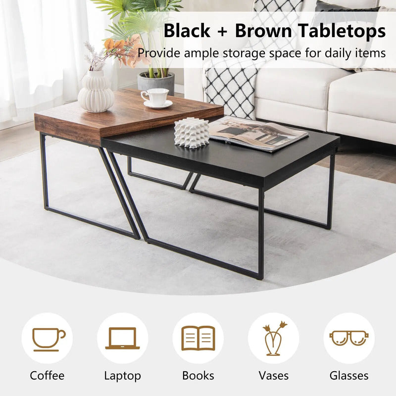 Coffee Table Set of 2 with Powder Coated Metal Legs-Black by DirectDeals