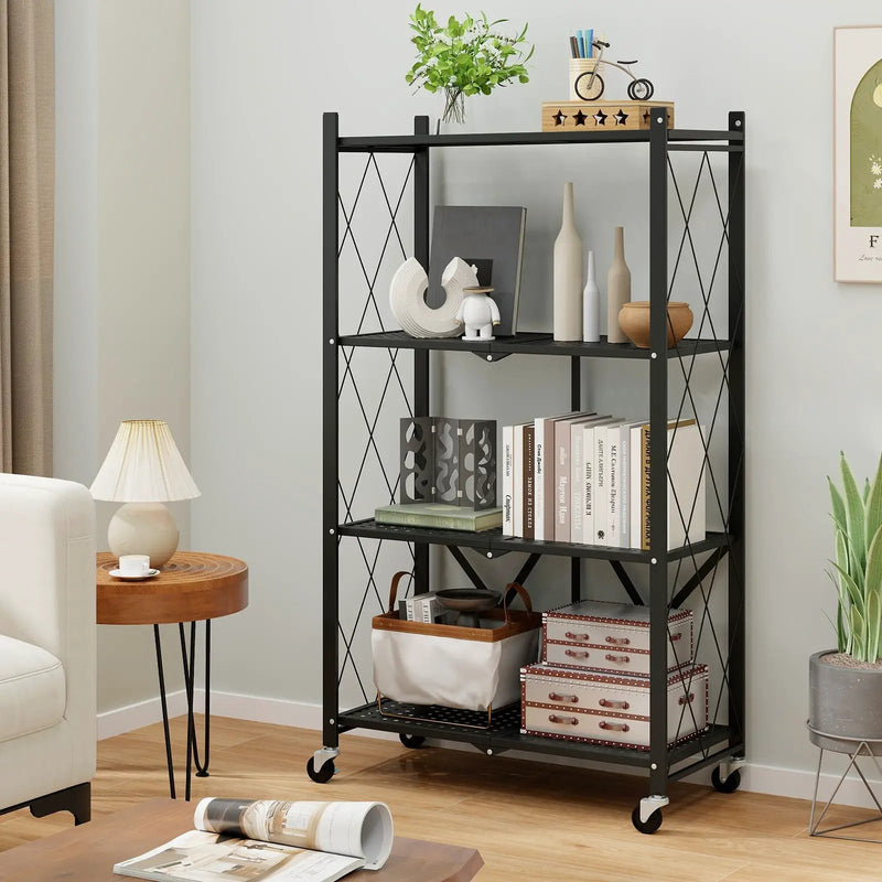 4-Tier Foldable Storage Shelf Collapsible Storage Rack with Lockable Wheels-Black by DirectDeals