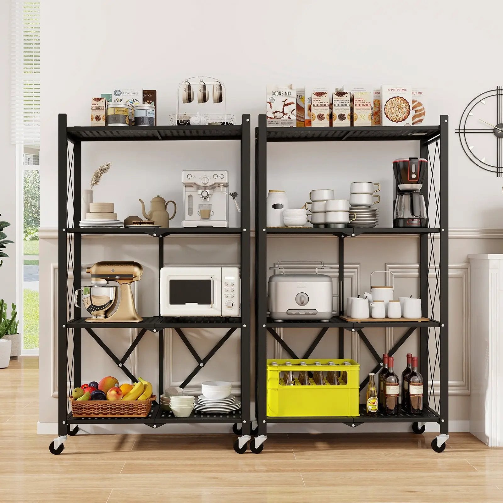 4-Tier Foldable Storage Shelf Collapsible Storage Rack with Lockable Wheels-Black by DirectDeals
