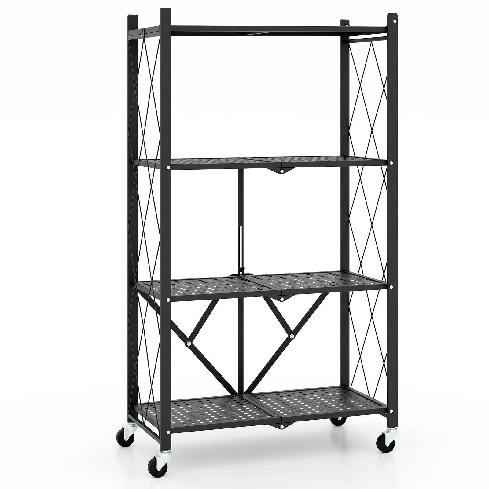 4-Tier Foldable Storage Shelf Collapsible Storage Rack with Lockable Wheels-Black by DirectDeals