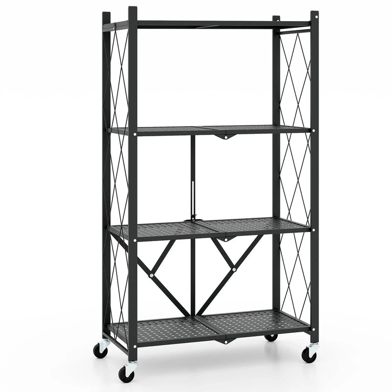 4-Tier Foldable Storage Shelf Collapsible Storage Rack with Lockable Wheels-Black by DirectDeals