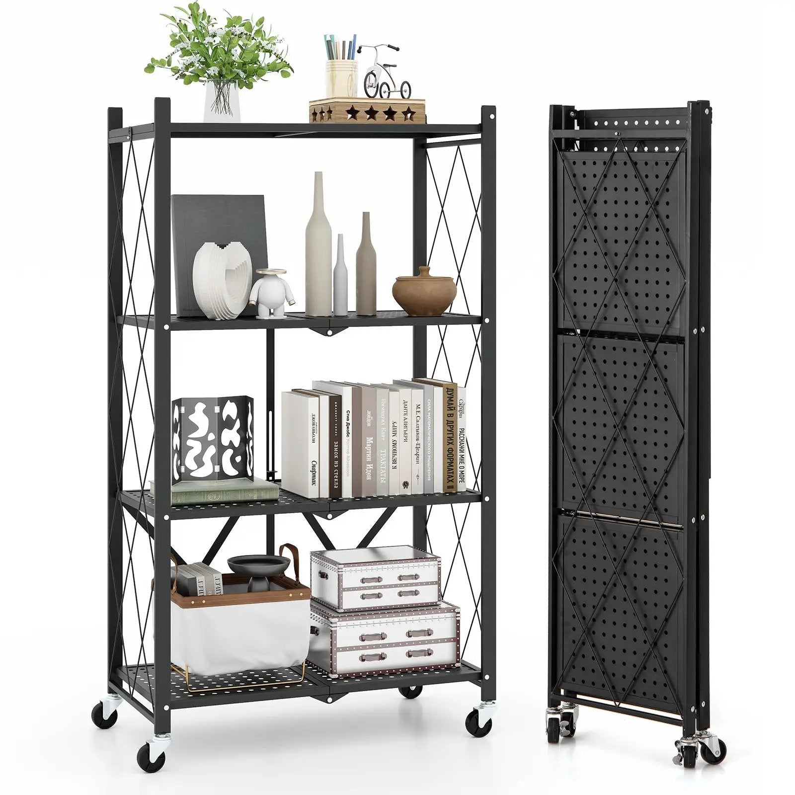 4-Tier Foldable Storage Shelf Collapsible Storage Rack with Lockable Wheels-Black by DirectDeals