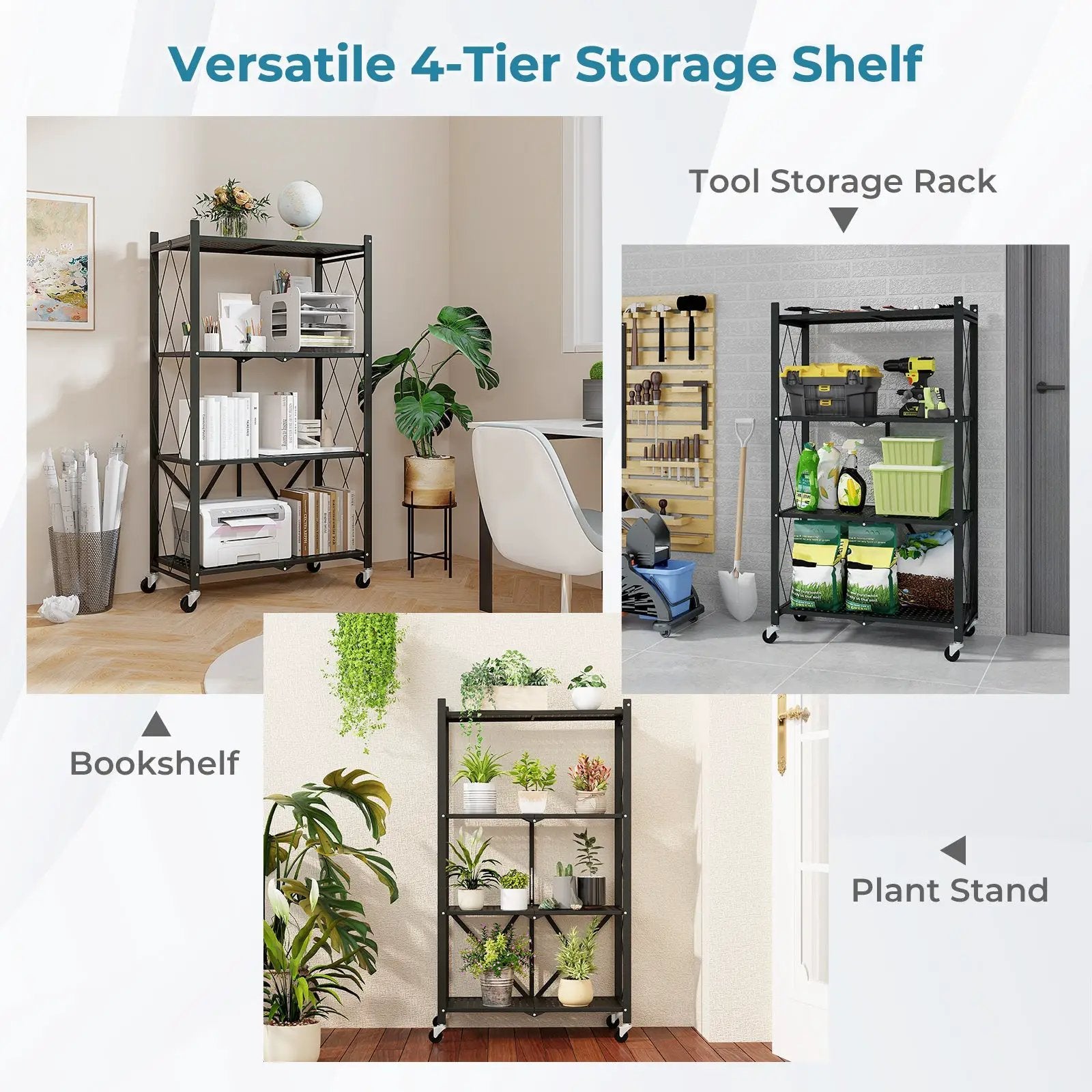 4-Tier Foldable Storage Shelf Collapsible Storage Rack with Lockable Wheels-Black by DirectDeals