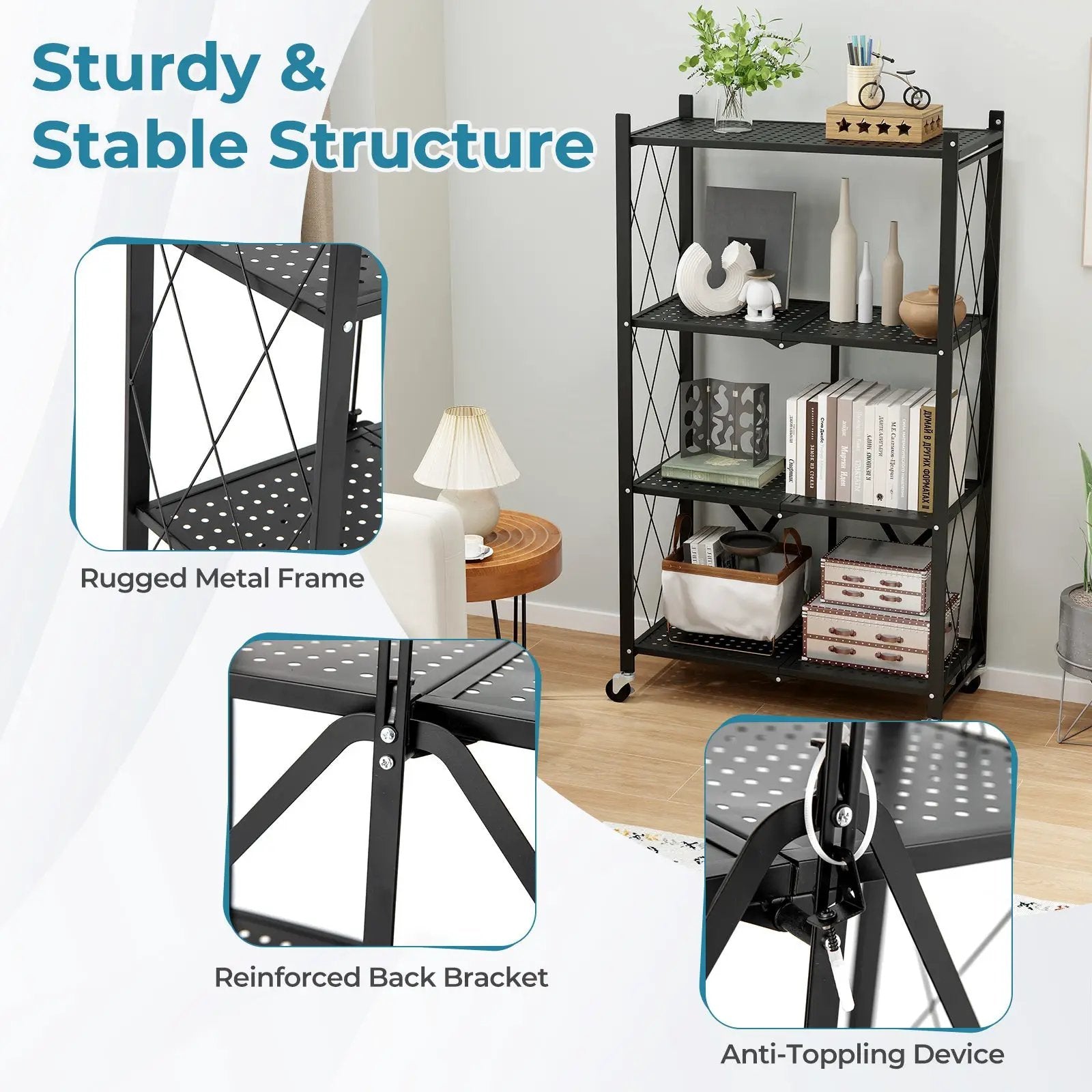 4-Tier Foldable Storage Shelf Collapsible Storage Rack with Lockable Wheels-Black by DirectDeals