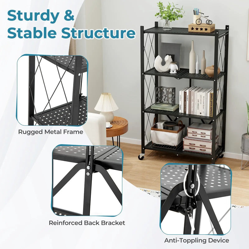 4-Tier Foldable Storage Shelf Collapsible Storage Rack with Lockable Wheels-Black by DirectDeals