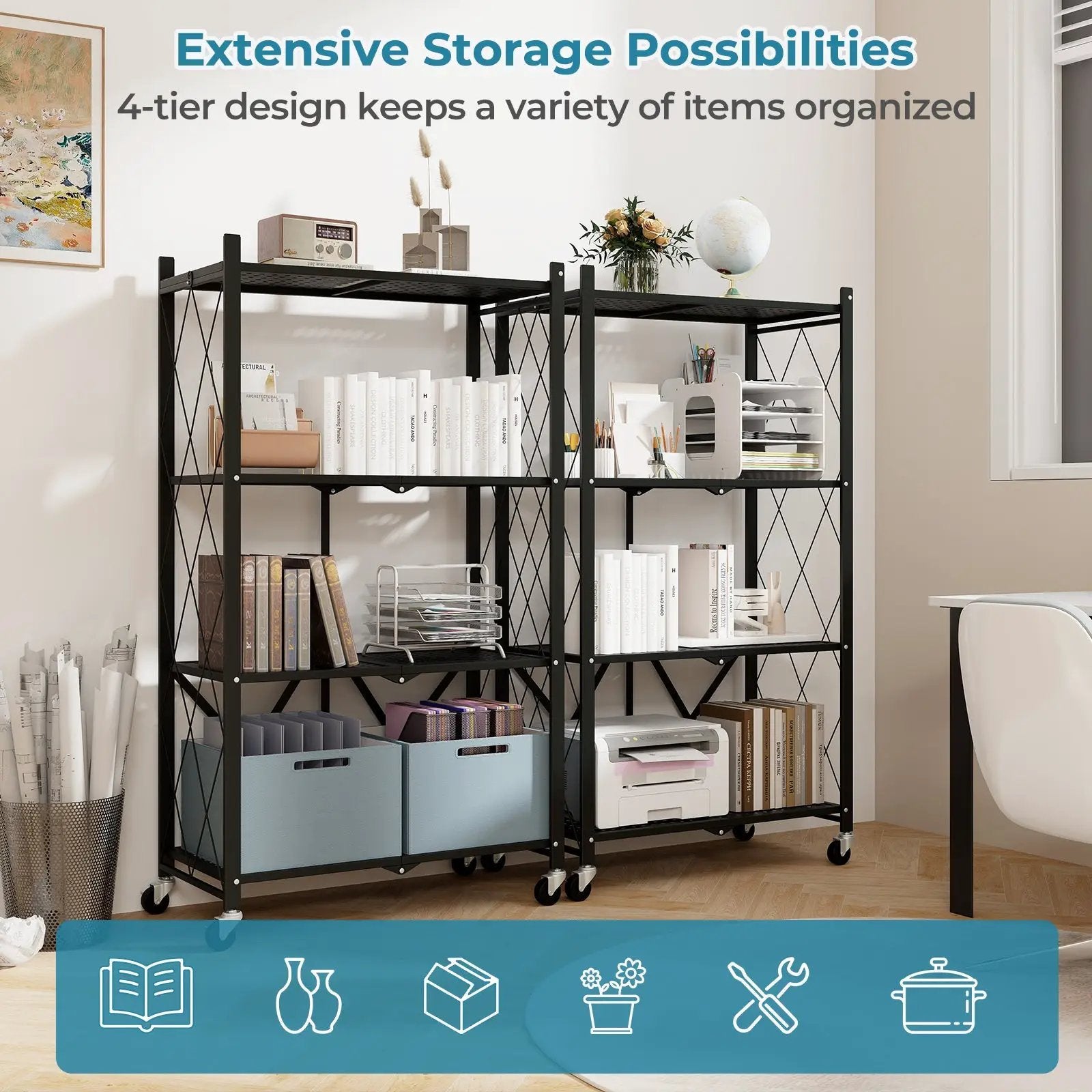 4-Tier Foldable Storage Shelf Collapsible Storage Rack with Lockable Wheels-Black by DirectDeals