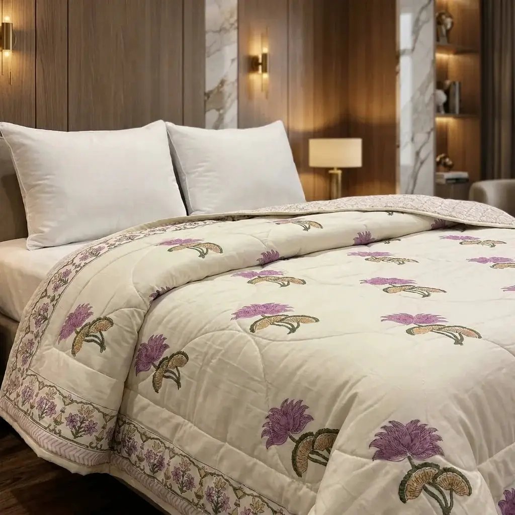 House of Avana Cream & Mauve Floral Jaipur Indian Hand Block Print Quilted Comforter by House Of Avana