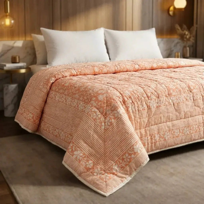House of Avana Peach & Cream Floral Jaipur Indian Hand Block Print Quilted Comforter by House Of Avana