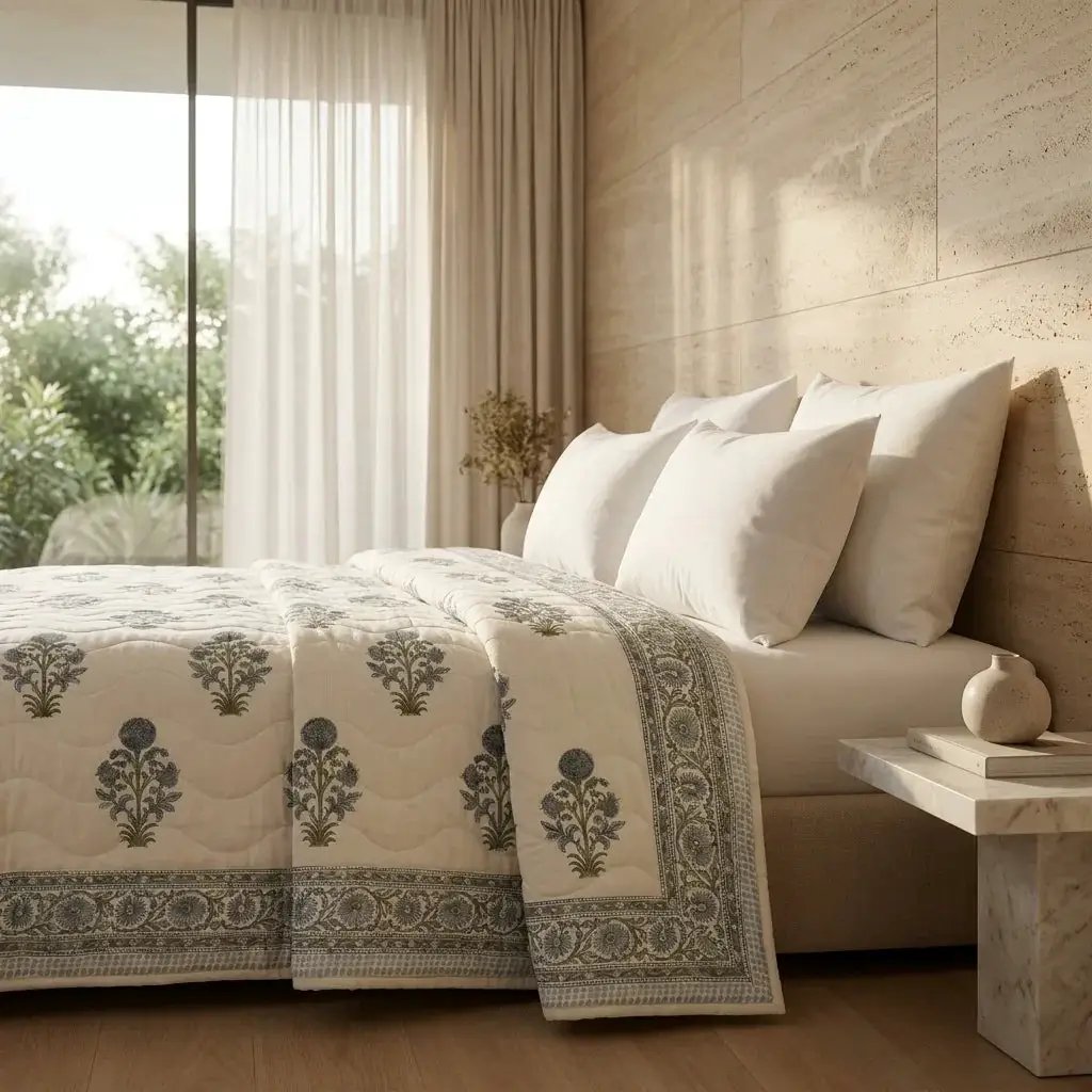 House of Avana Cream & Dusty Blue Floral Jaipur Indian Hand Block Print Quilted Comforter by House Of Avana
