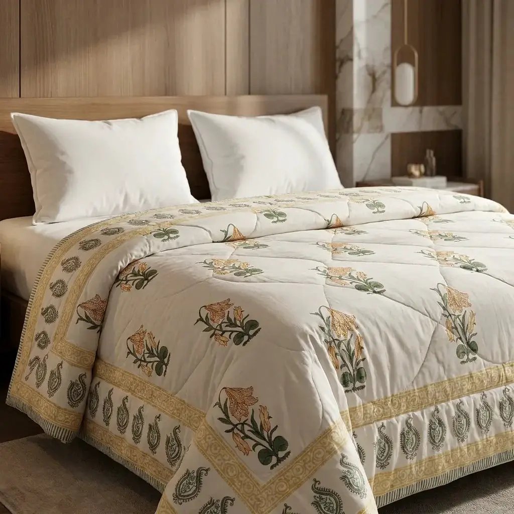 House of Avana Cream & Golden Yellow Floral Jaipur Indian Hand Block Print Quilted Comforter by House Of Avana